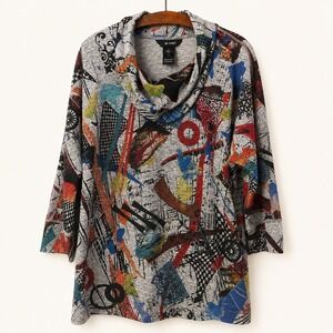 Ali Miles‎ Sweater Size L Cowl Neck Knit Pocket Abstract Art Lagenlook